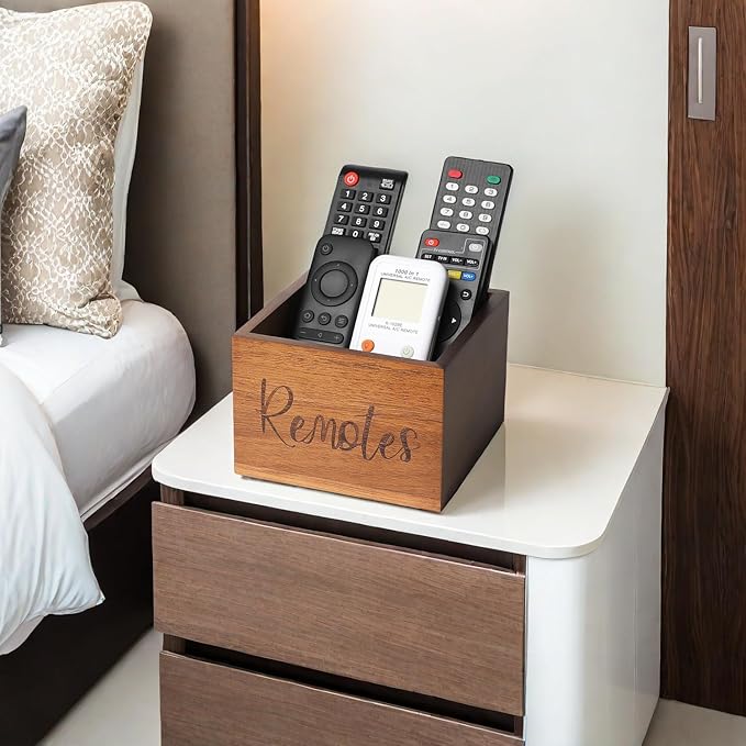 Acacia Wood Remote Control Holder Caddy, TV Organizer for Table, Vintage Farmhouse Desk Caddy (Brown for 3+ Controls)-NeatNest