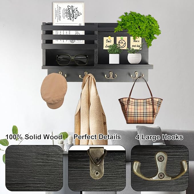 Farmhouse Wall Decor Key Holder with Mail Organizer - Solid Wood Wall Mount Key Rack (8 Hooks) | Self-Adhesive/Drill Install | Entryway Shelf for Keys, Sunglasses & Home Organization (BLACK)