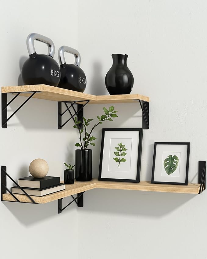 BAYKA Wall Shelves for Bedroom Decor, Floating Wall Shelves for Living Room Kitchen Storage, Wall Mounted Rustic Shelves for Kids Books, Corner Shelf for Bathroom(Carbonized Brown,Set of 4)-NeatNest