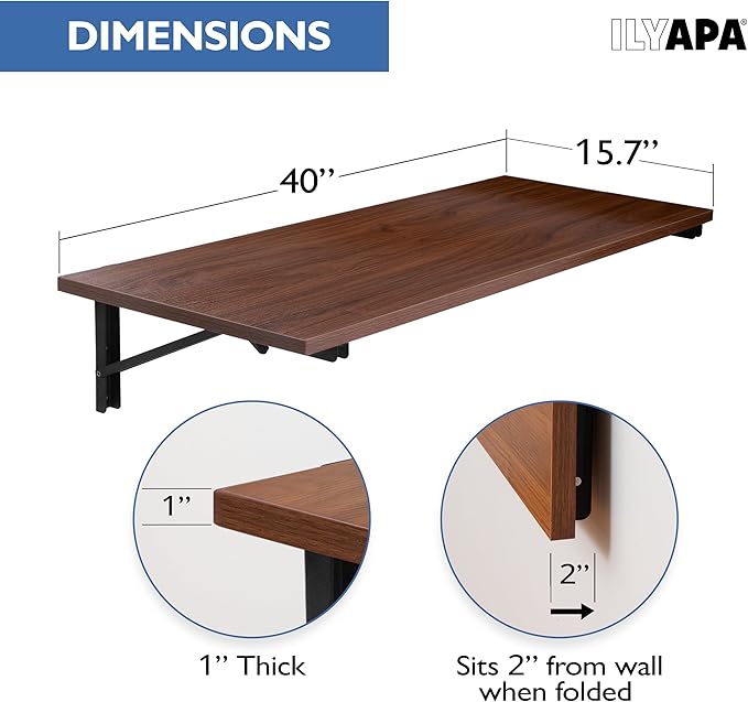 Iyapa Wall Mounted Folding Table - 16x40 Wood Floating Desk for Wall, Laundry Folding Table - 1.5 inch Fold Down Wall Desk for Small Spaces - Mahogany