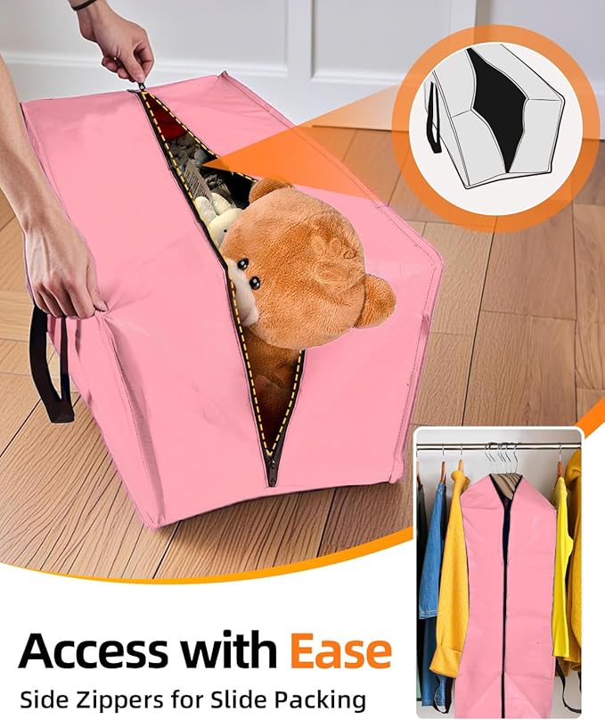12 Pack Extra Large Moving Bags, Heavy Duty Packing Bags with Zippers and Handles for Space Saving, Clothes Storage, College Essentials, Travel, Pink