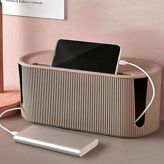 Cable Management Box,Desk Cord Organizer with Groove Cover,Plastic Cord Hider Box,Large Cable Box Organizer,Power Socket Management for TV/Computer/Router/Games Console Cable Storage (Milk Tea)-NeatNest