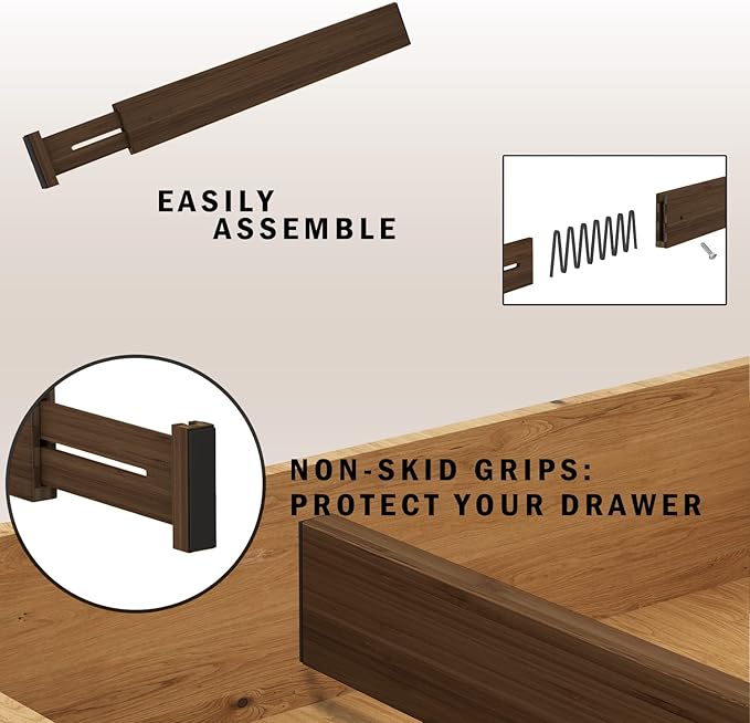BAMEOS Drawer Divider,Expandable Bamboo Separators Adjustable Utensil Knife Fork Tool Kitchen Organizer, Clothes Fabric Drawer Organizer In Bathroom Bedroom Office, Cabinet Dresser Organizer 4-pack-NeatNest