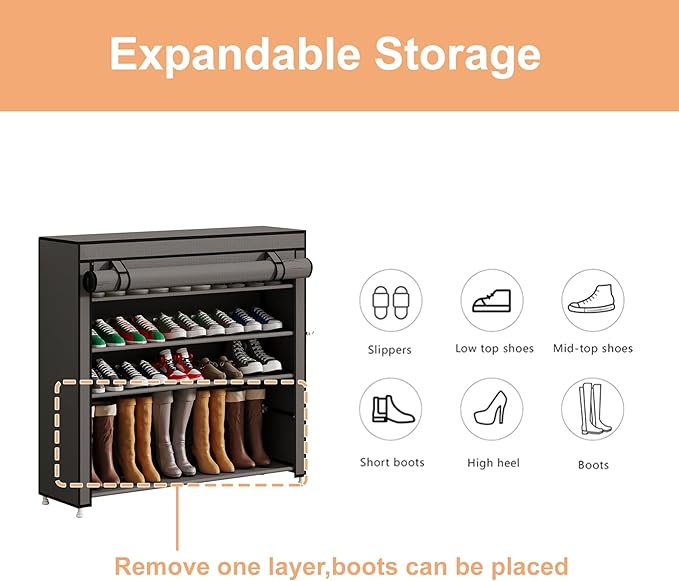 Calmootey 5 Tier Shoe Rack Organizer to Hold 25 Pairs, Portable Shoe Shelf with Nonwoven Fabric Cover for Closet Hallway, Bedroom, Entryway, Grey-NeatNest