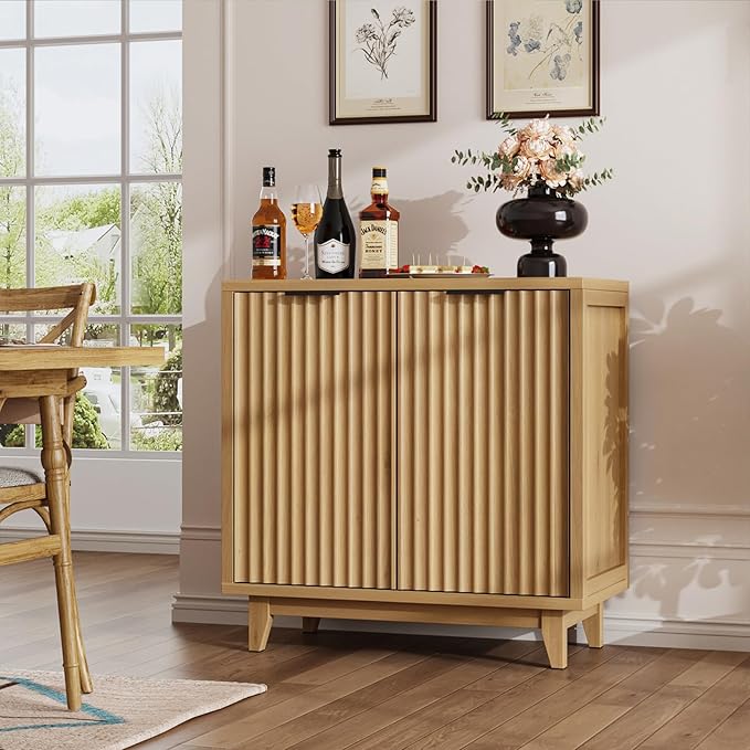 Fluted Coffee Bar Cabinet with Storage, Modern Sideboard Buffet Cabinet with Removable Wine Rack, Drawer, Adjustable Shelf, Natural Liquor Cabinets for Living Room, Dining Room, Kitchen, Entryway