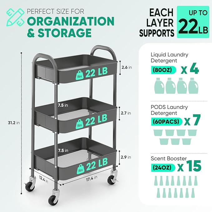 Sekey 3 Tier Rolling Cart Metal, NO Screws Assemble Utility Cart on Wheels, Heavy Duty Storage Cart with Lockable Wheels for Baby Nursery, Bathroom, Kitchen, Laundry Room, Gray