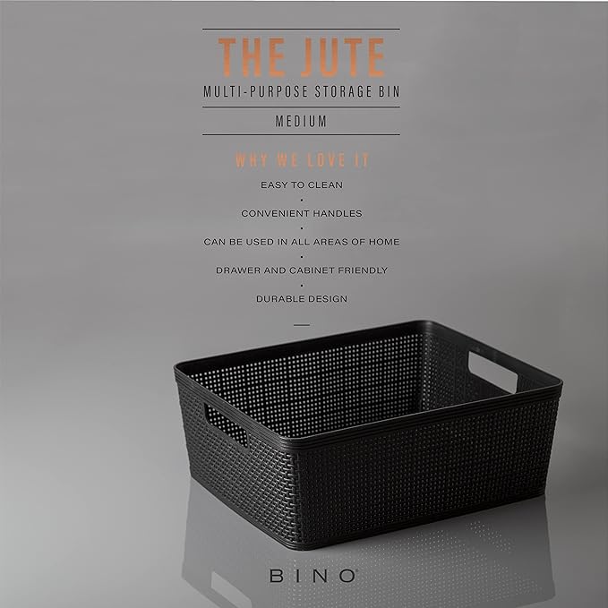 BINO | Woven Plastic Basket | Medium (Black), 4-Pack | THE JUTE COLLECTION | Home Organization, Space - Saving Storage, Stylish Design | Jute Basket | Plastic Storage Basket-NeatNest