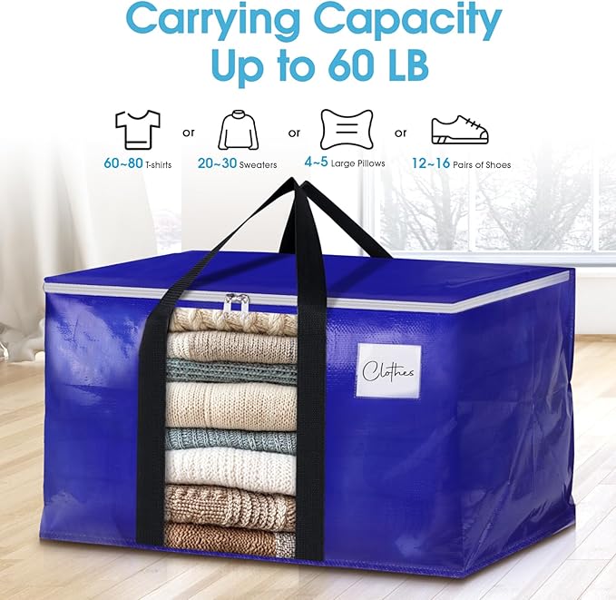 BlissTotes 10 Pack Moving Bags with Clear Window, Storage Bags with Strong Carrying Handles & Zippers,Large Packing Bags for Saving Space, Alternative to Moving Boxes(Blue,24 Gallon)-NeatNest
