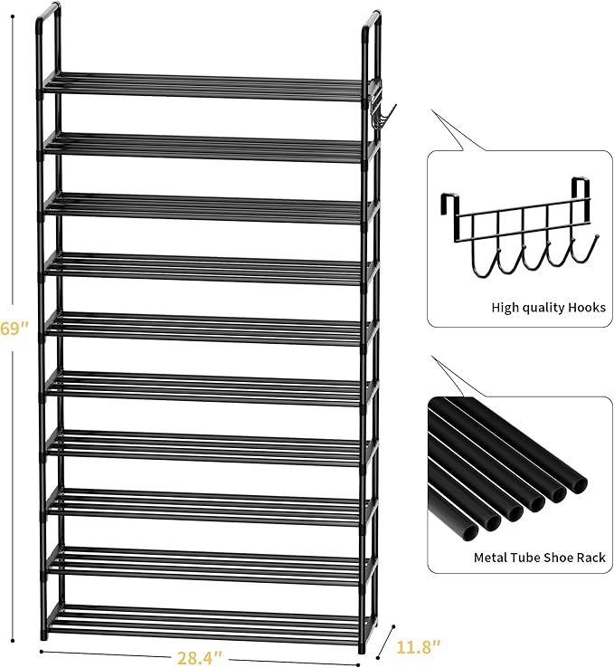 Shoe Rack, 10 Tier Shoe Storage Organizer with Hooks,Fit 40-45 Pairs Shoes,Metal Tall Shoe Shelf for Closet,Entryway, Hallway,Garage,Bedroom,Cloakroom-NeatNest
