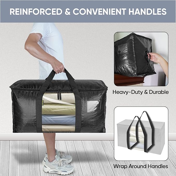 BALEINE 2-Pack Oversized Moving Bags with Reinforced Handles, Heavy-Duty Storage Tote Moving Supplies for Packaging, Camping (Black w/Window, 2-Pack)-NeatNest