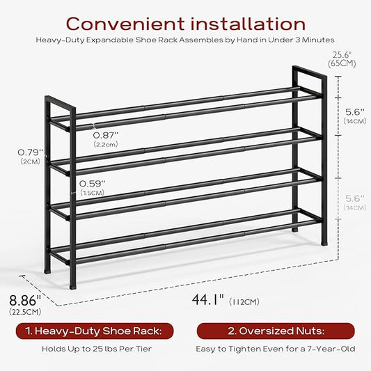 Bumusty 4-Tier Long Expandable Shoe Rack for Closet, 18"-44" Adjustable Shoe Rack for Entryway, 20-24 Pairs Large Shoe Organizer Shelf Storage, Sturdy Metal, Black-NeatNest