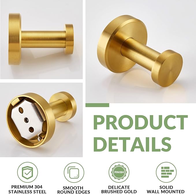 APLusee Brushed Gold Bathroom Towel Hooks 2 Pack, 304 Stainless Steel Robe Hooks for Kitchen Garage, Wall Mounted