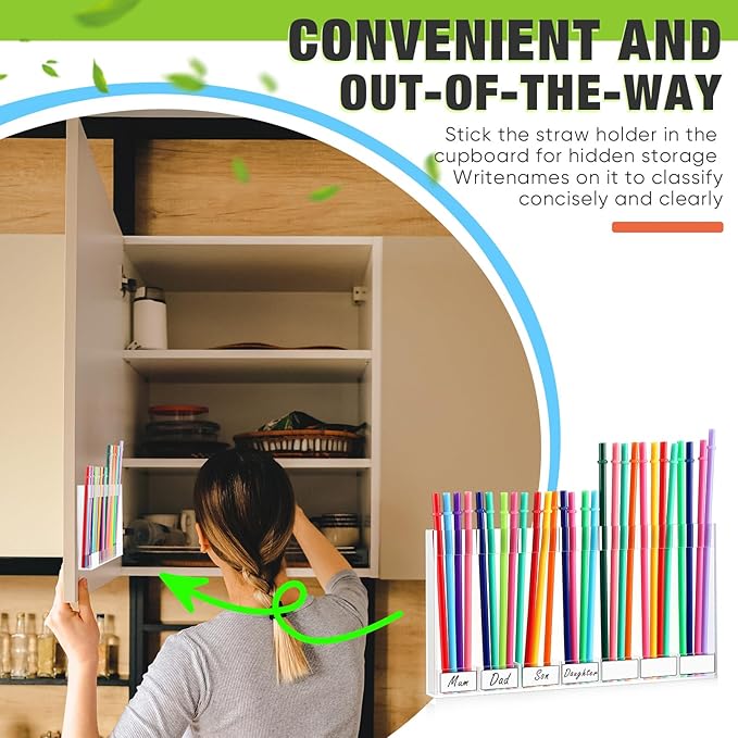 Acrylic Straw Holder for Cabinet Door with Double Sided Adhesive Tape Reusable Straw Organizer Tumbler Storage Kitchen Accessories Container for Counter Cupboard(Classic,Extra Large,Clear)