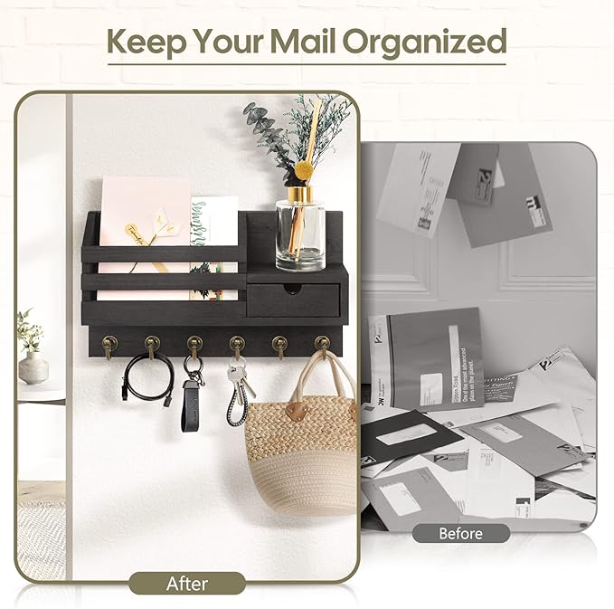 FifthQuarter Key and Mail Holder for Wall, Mail Organizer Wall Mount with 6 Hooks and Storage Drawer, Easy Installation Key Rack for Entryway and Home Decor (A-Black)