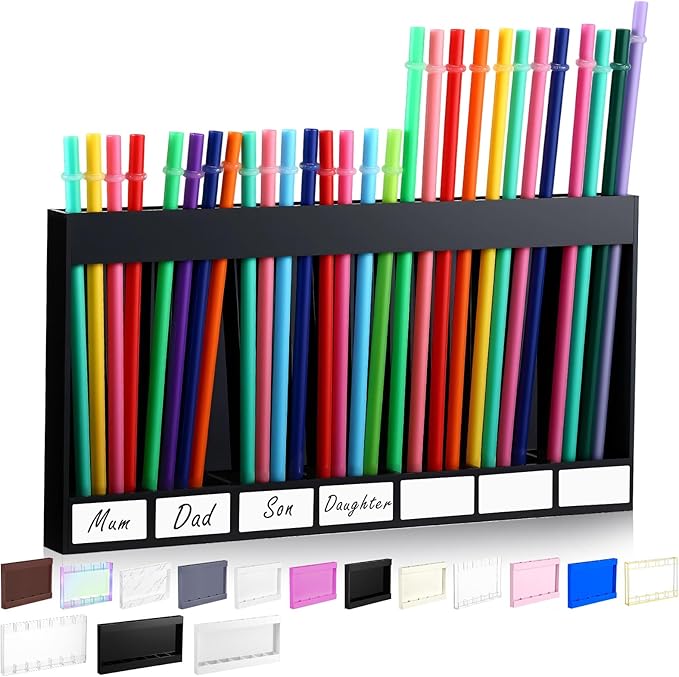 Acrylic Straw Holder for Cabinet Door with Double Sided Adhesive Tape Reusable Straw Organizer Tumbler Storage Kitchen Accessories Container for Counter Cupboard(Classic,Extra Large,Black)