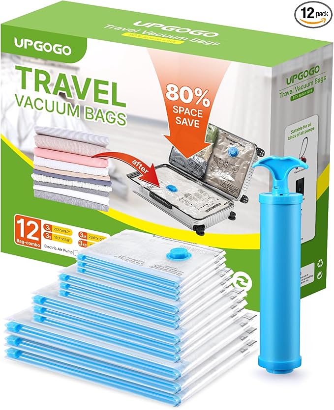 Vacuum Bags for Travel, 12 Pack with Hand Pump, Space Saver Vacuum Storage Bags, Travel Essentials, Clothes, Blankets, Pillows-NeatNest