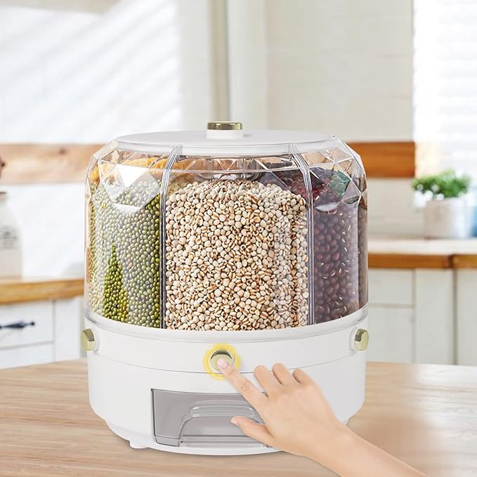 6-In-1Grain Dispenser, Rice & Grain Storage Container, Rotatable Sealed Grain Food Storage, One-Button Pressing Storage Bucket for Grains Snacks Candy Coffee Beans Dog Food Dispenser-NeatNest