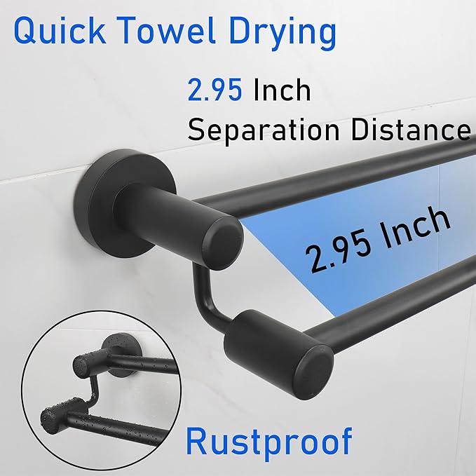 TocTen Double Bath Towel Bar - Thicken SUS304 Stainless Steel Towel Rack for Bathroom, Bathroom Accessories Double Towel Rod Heavy Duty Wall Mounted Towel Holder (Black,24IN)