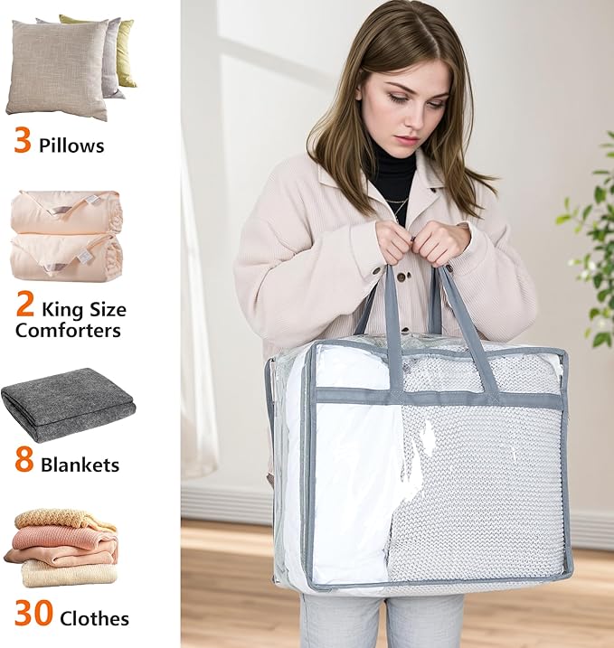 Budding Joy Clear Zippered Storage Bags for Clothes,40L Closet Organizers and Storage Containers Vinyl Moving Bag for Bedding, Linen, Blankets, Comforters, Clothing & Toys, Grey, 2 Pack-NeatNest