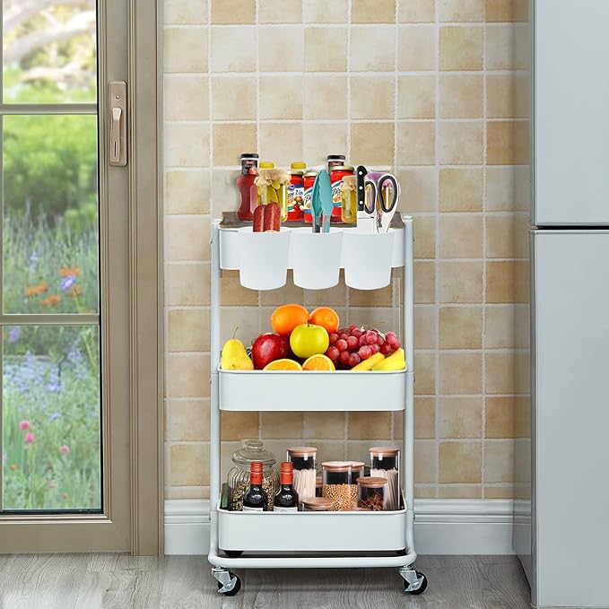 Melody House 3-Tier Metal Utility Rolling Cart Storage Side End Table with Cover Board for Office Home Kitchen Organization, Cream White