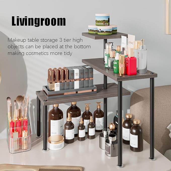 Countertop Organizer Organization 3 Tier Kitchen Corner Shelves Adjustable Spice Storage Rack for Bathroom Coffee Area Over Sink (Dark Gray Oak)-NeatNest