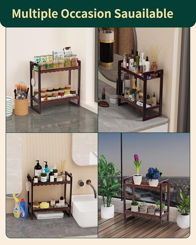 Countertop Organizer, Bamboo Spice Rack Organizer for Pantry, 2 Tier Kitchen Counter Shelf, Coffee Station Organizer,Teak-NeatNest