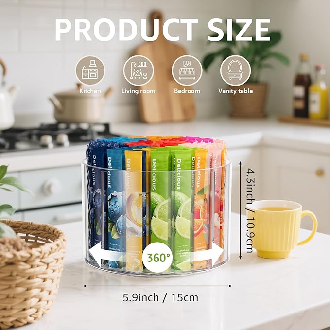 Divided Drink Packet Organizer, Rotating Turntable Organizer, Clear Lazy Susan for Powdered Drink Mix, Water Drink Packet Holder-NeatNest