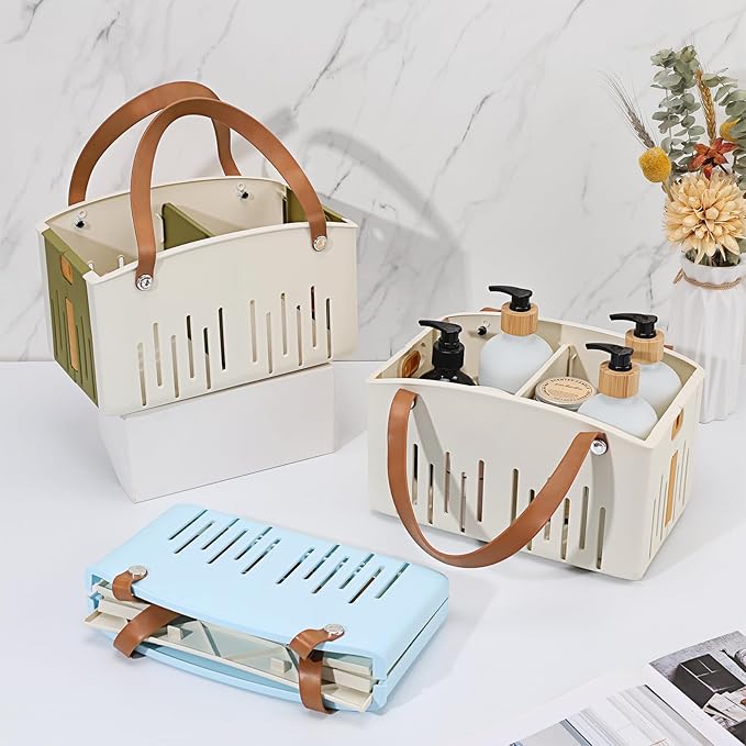 Portable Shower Caddy Collapsible Plastic Shower Basket Tote with Handles Removable Divider, Cleaning Caddy Storage Organizer for Bathroom College Dorm (White)