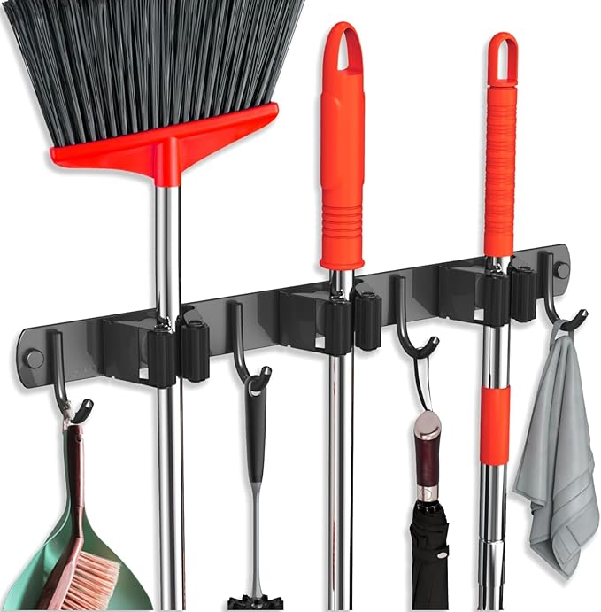Mop and Broom Holder Wall Mount, Upgraded Broom Hanger Wall Mount, Stainless Steel Broom Organizer for Closet Garage Laundry Room Kitchen Wall Decor(3Racks 4Hooks Black)