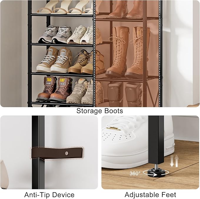 10-Tier Shoe Rack, Shoe Storage Organizer with Boots Storage, Large Capacity Shoe Shelf Holds 27-30 Pairs of Shoes, Durable and Stable, for Entryway, Closet, Hallway, Dorm Room, Rustic Brown-NeatNest