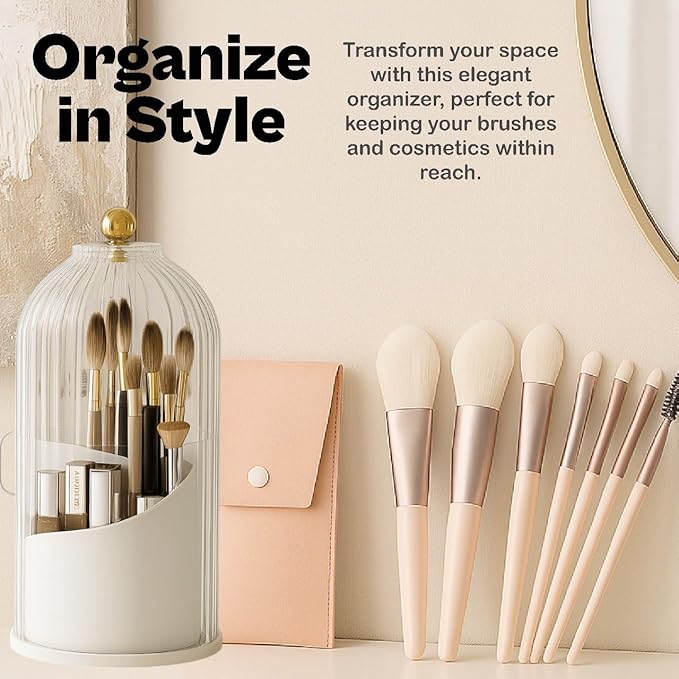 LIVINGHOME 360° Rotating Makeup Organizer – Clear Acrylic Makeup Brush Holder with Lid – Large Vanity Makeup Storage for Brushes, Lipsticks & Skincare – Stylish Countertop Cosmetic Organizer-NeatNest