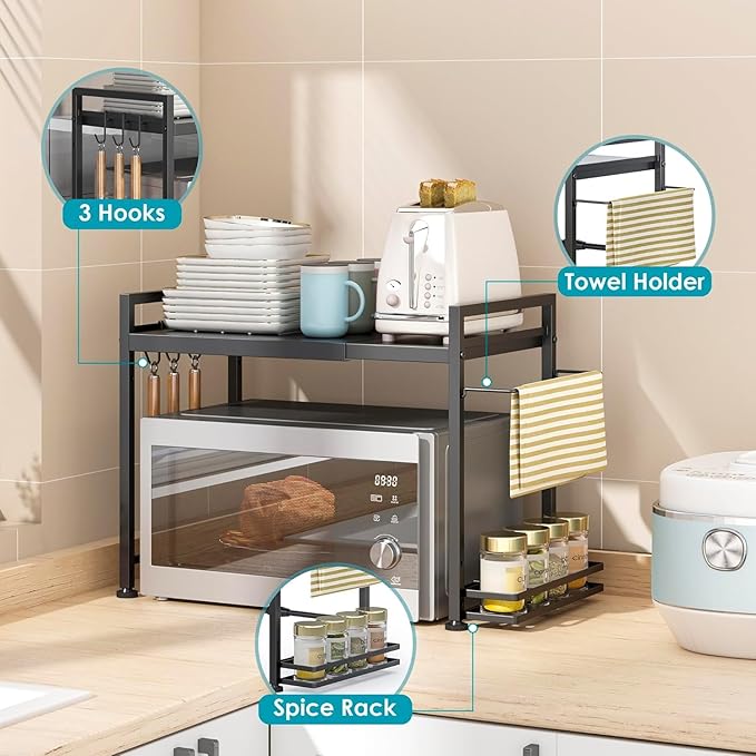DOLALIKE Microwave Oven Rack, Expandable Microwave Stand Countertop Kitchen Utensils Tableware Storage, Carbon Steel Over Microwave Shelf Countertop with 6 Hooks-NeatNest