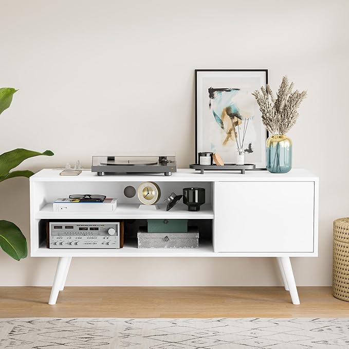 Cozy Castle TV Stand for 48 Inch TV, Mid Century Modern Entertainment Center with Storage Cabinet, TV Media Console with Charging Station for Living Room, Bedroom, White-NeatNest