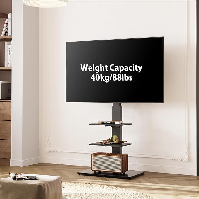 FITUEYES Swivel Floor TV Stand with Mount for TVs 37 43 50 55 60 65 70 75 Inch LCD LED Flat/Curved Screens Universal Swivel Televisions TV Mount Stand for Bedroom Living Room Black Tempered Glass Base-NeatNest
