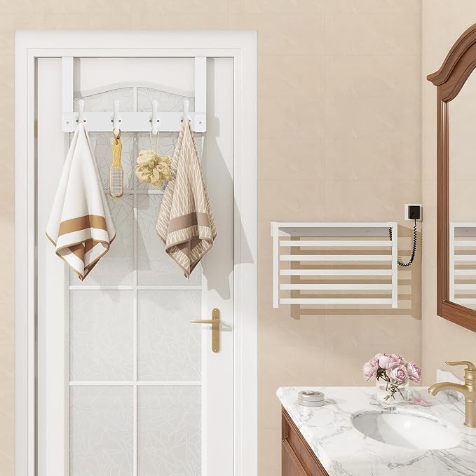Homode Over The Door Hooks Heavy Duty, Wood Over Door Hanger Hook, Over Door Towel Rack with Coat Hooks for Hanging Towels Clothes Hats Bags, Back of Bathroom Door, White
