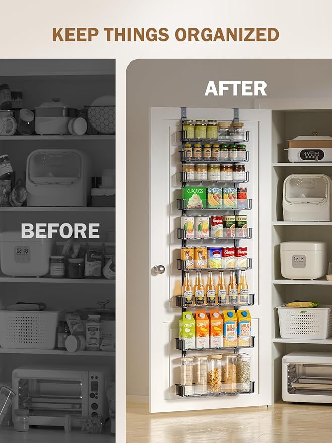 Delamu 9-Tier Over the Door Pantry Organizer with Acrylic Panel, Pantry Organization and Storage, Black Hanging Basket Wall Spice Rack Seasoning Shelves, Home Kitchen Bedroom Bathroom House Essentials-NeatNest