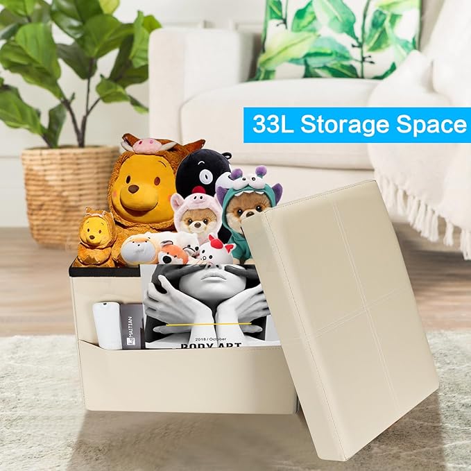 AmasSmile Storage Ottoman Folding Foot Rest Stool with Side Pocket, 16 inch Leather Footstool Bench, Short Ottoman Bench, Storage Foot Rest Store, Books (Beige-2)-NeatNest
