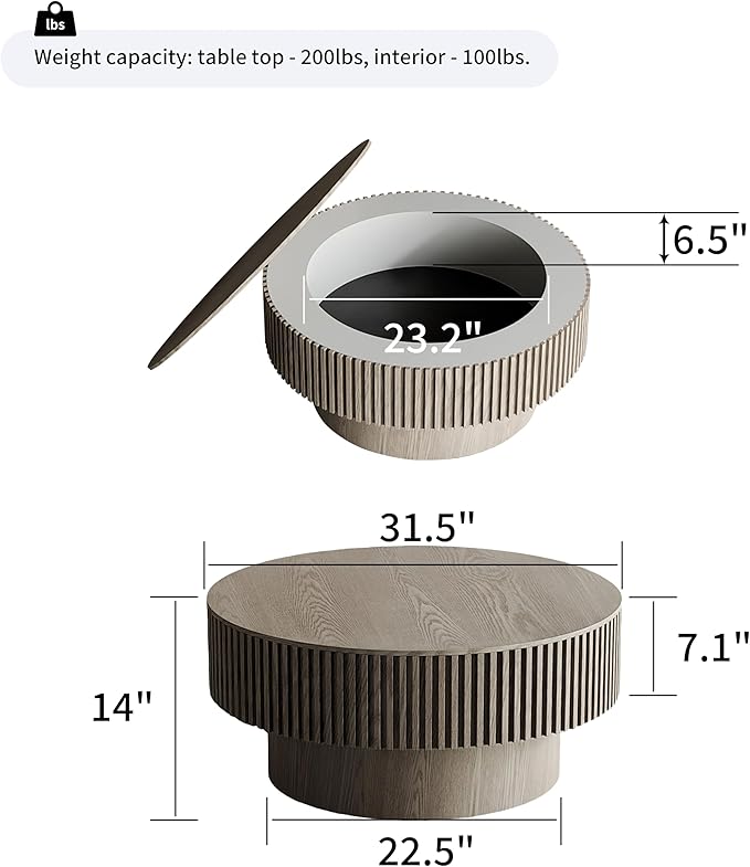 kevinplus 31.5'' Round Coffee Table Modern Wood Coffee Table with Storage Space for Living Room, Contemporary Circle Fluted Drum Pedestal Style, Easy Assembly, Gray (ΓΈ31.49'' x 14'')