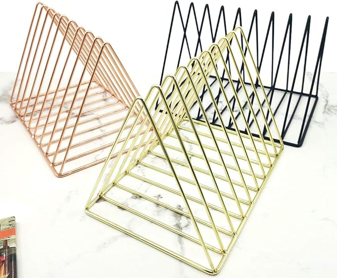 EASEPRES Gold File Holder Organizer, Triangle Record Album Holder Magazine Wire Rack, 9 Slot Multifunction Desktop Storage Decor for Home Office