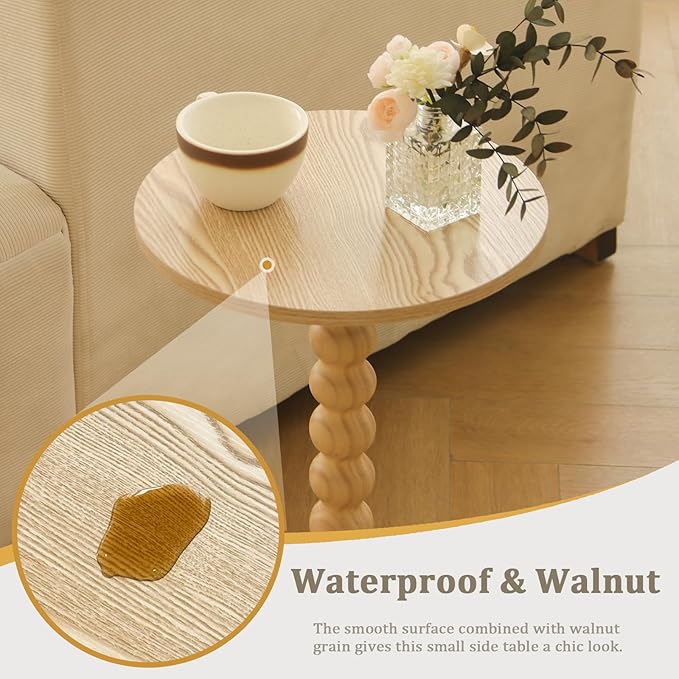 Round Side Table, Small Drink Table for Small Spaces, Modern Accent End Table with Solid Wood Leg for Living Room, Bedroom, Corners, and Office (Natural)