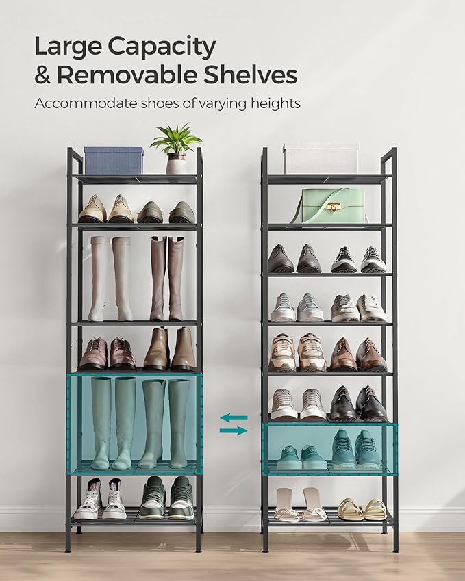 SONGMICS Narrow Shoe Rack, Sturdy 8 Tier Metal Tall Shoe Rack Shelf, Slim Shoe Storage Organizer for Closet Entryway Small Spaces, Vertical Shoe Stand Tower for 18 Pairs Shoes, Easy Assembly, Black-NeatNest