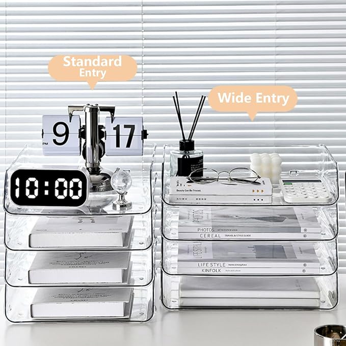 Desk Organizer, Stackable Paper Letter Tray, Office Desktop File Paper Holder, Book Storage Rack (Clear, 2 x Wide Entry)-NeatNest