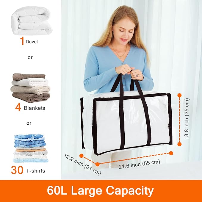 Vieshful 7 Pack Clear Comforter Storage Bag, 60L Clothes Storage Bag with Zipper Closet Organizer, Plastic Storage Containers Moving bags for Comforter, Blanket, Bedding, Duvet, Toys-NeatNest