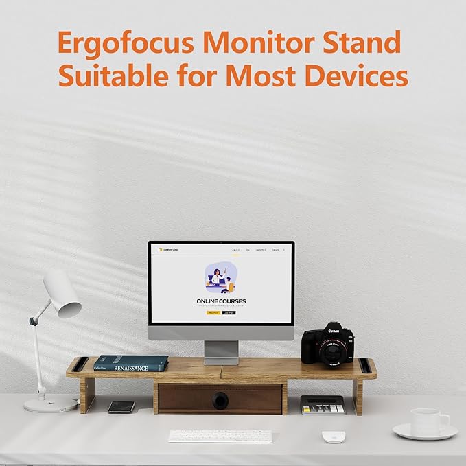 Dual Monitor Stand Riser with Drawer-Adjustable Length and Angle, Monitor Stand Riser for 2 Monitors, Desktop Organizer Stand for Computer/Laptop/PC/Printer (Oak)