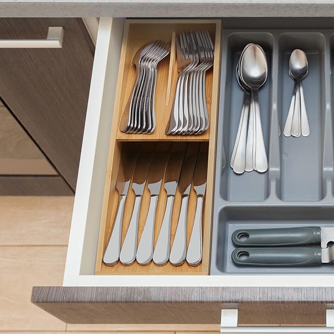 Bamboo Silverware Drawer Organizer, Kitchen Cutlery Tray,Utensil Holder for Spoons, Forks, Knives in Kitchen-NeatNest