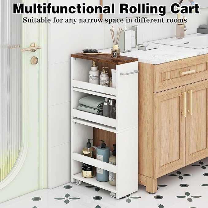 IBUYKE Slim Storage Cart 5.9" W, Rolling Organizer Trolley for Small Spaces, 4-Tier Laundry Cart with Handle, Slide Out Utility Cart for Kitchen, Living Room, Laundry,Narrow Places,White WST005W