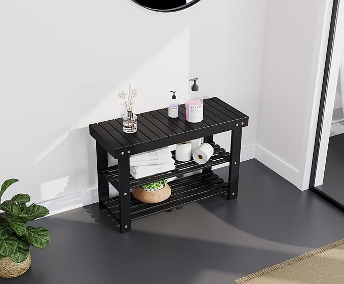 BEEFURNI Acacia Shoe Rack Bench, 3-Tier Sturdy Shoe Storage Bench, Wooden Footwear Organizer for Boots, 300 LBS Load Capacity, Perfect for Closet Entryway Bathroom, 1-Year Manufacturer Warranty, Black-NeatNest