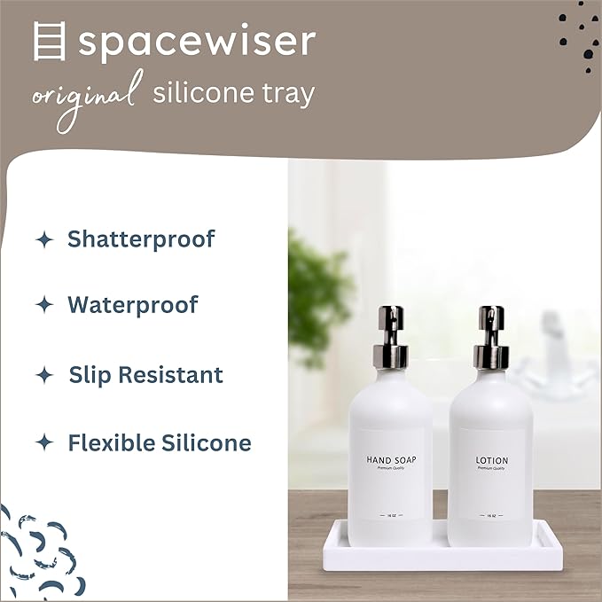 Countertop and Vanity Tray - Small 7.7” Silicone Tray for Soap Dispenser, Bathroom Trays, Dish Soap Trays for Kitchen Counter, Sink Caddy Sinks Organizer, Soaps Dish & Sponge Holder, White-NeatNest