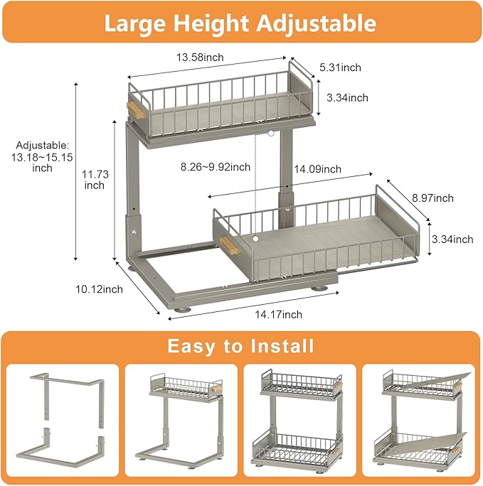 Under Sink Organizer, High Adjustable 2 Tier Under Kitchen Sink Organizer, Multi-Purpose Storage Shelf for Kitchen Bathroom Cabinet, Gray-NeatNest
