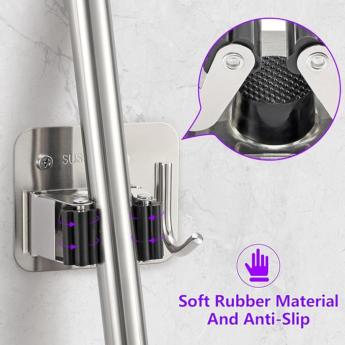 Broom Holder Wall Mount Screw Drilling, Sturdy Heavy Duty Stainless Steel Mop Gripper Rack Perforated, Perfect for Laundry Room Organizer, Fit with Laundry Kitchen Garage Garden Storage System-NeatNest